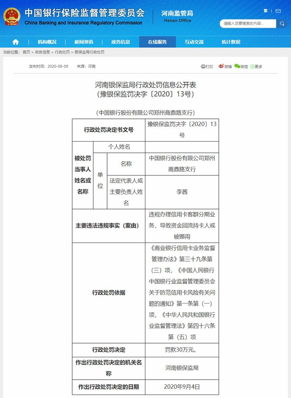 中国银行河南省分行及三家支行多项违法违规被银保监罚款150万元