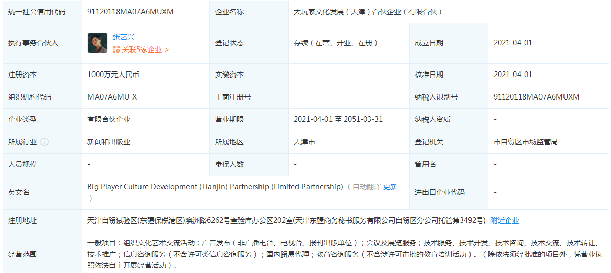 大玩家文化发展(天津)合伙企业（有限合伙）地址在哪 注册资本是多少？